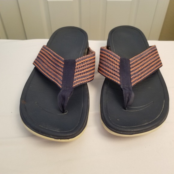 Fitflop Shoes - FitFlop Surfa Navy Orange Striped Webbing Thong Sandals Flip Flops Womens 10